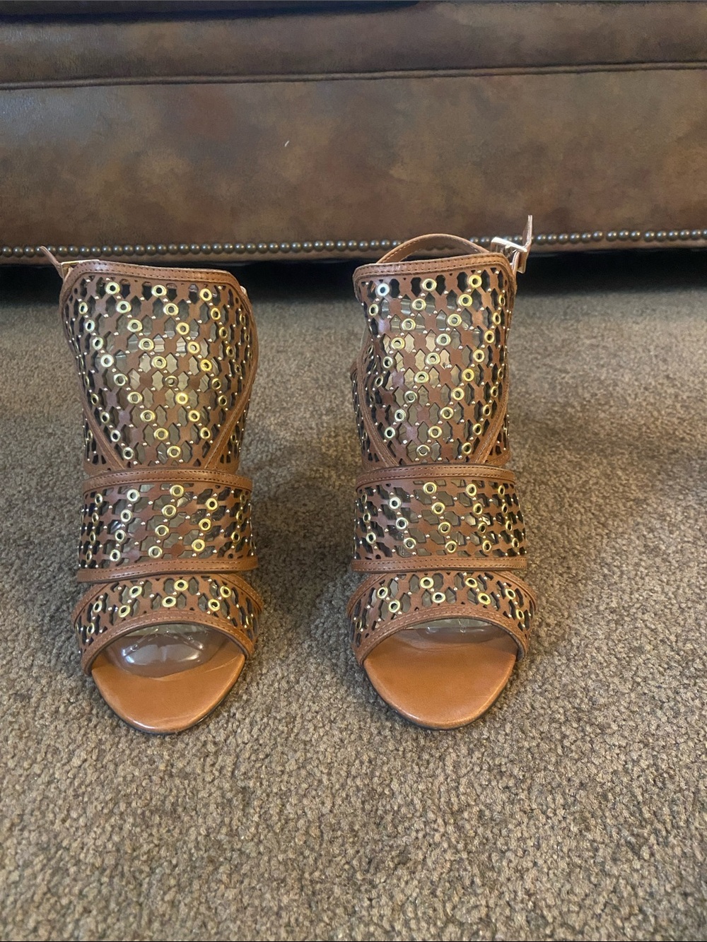 Vince Camuto Brown Studded Open-Toe Heels